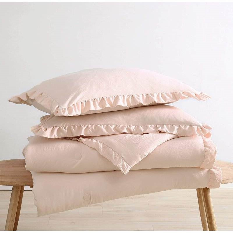 Queen Oversized Pink Ruffled Edge Microfiber Comforter Set Stone Washed-3