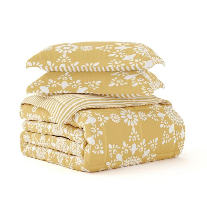 King Size Reversible Yellow Daisy Medallion Striped Comforter Set 3 Piece-2