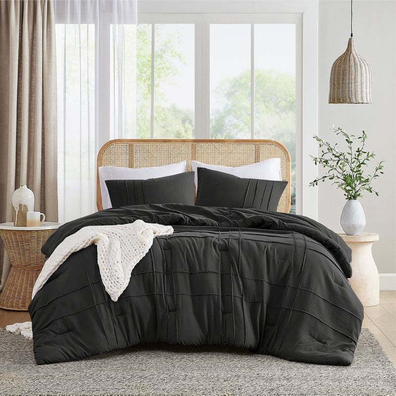 King Size Black Microfiber Comforter Set Pre-Washed Pleated Soft-0