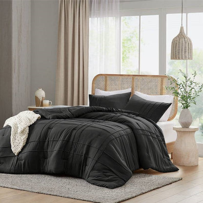King Size Black Microfiber Comforter Set Pre-Washed Pleated Soft-1