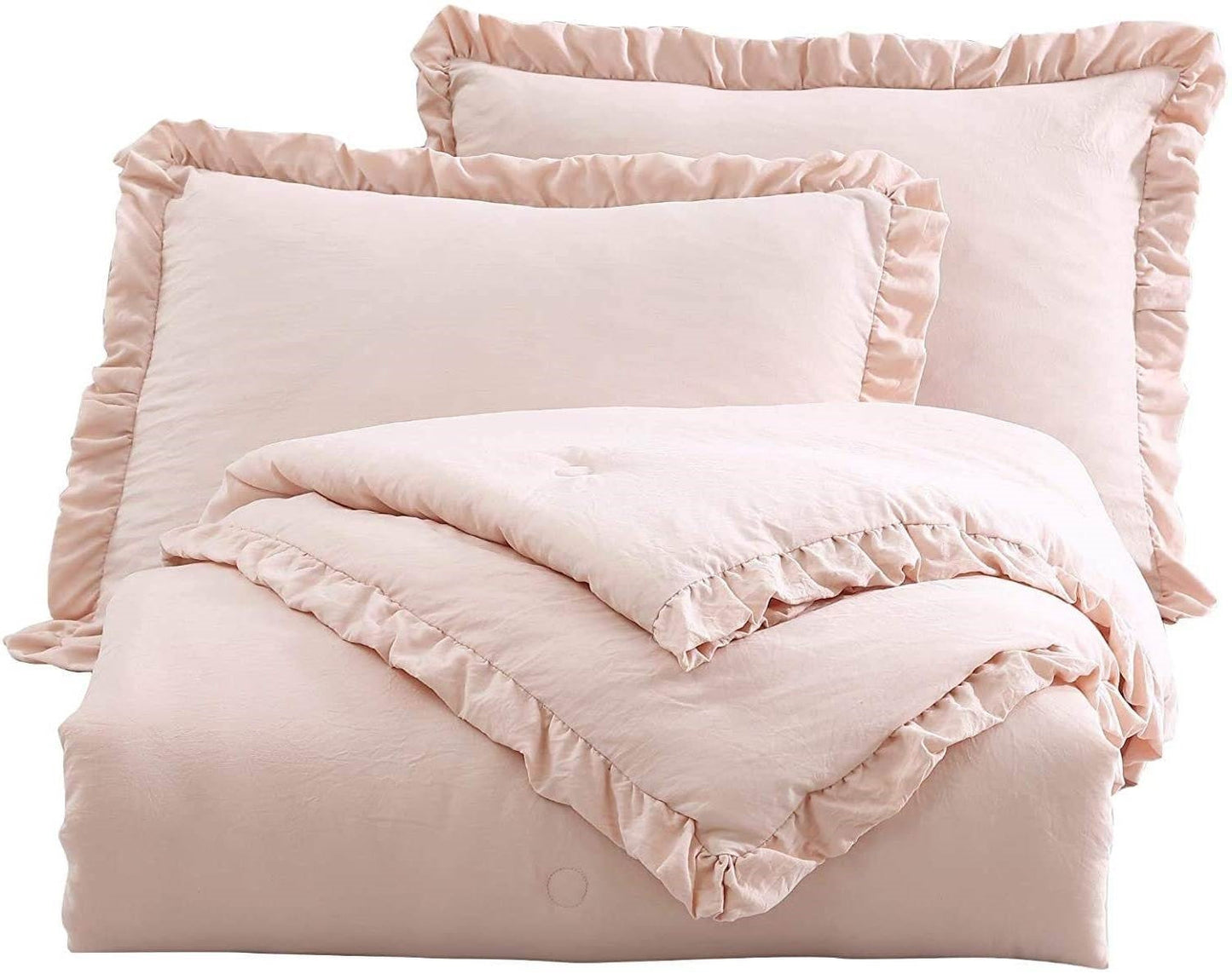 Queen Oversized Pink Ruffled Edge Microfiber Comforter Set Stone Washed-0
