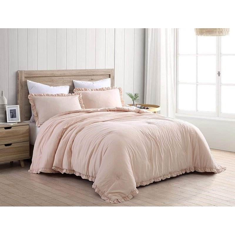 Queen Oversized Pink Ruffled Edge Microfiber Comforter Set Stone Washed-1