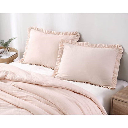 Queen Oversized Pink Ruffled Edge Microfiber Comforter Set Stone Washed-2