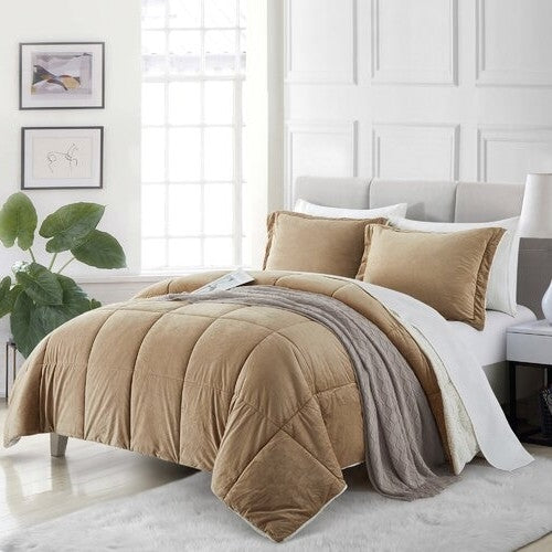 Queen Plush Microfiber Reversible Comforter Set Gold 90x90 Inches-0