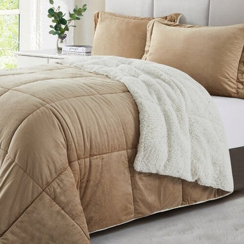 Queen Plush Microfiber Reversible Comforter Set Gold 90x90 Inches-2