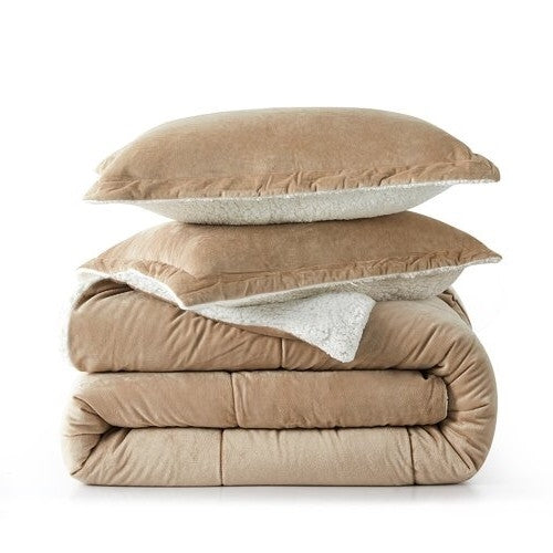 Queen Plush Microfiber Reversible Comforter Set Gold 90x90 Inches-3