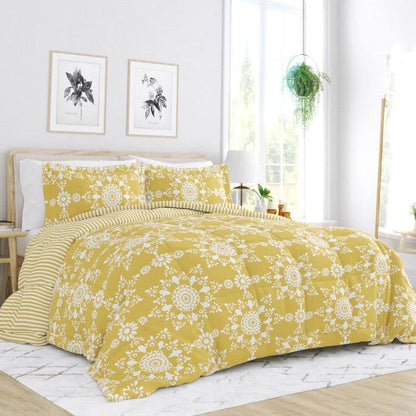 King Size Reversible Yellow Daisy Medallion Striped Comforter Set 3 Piece-0