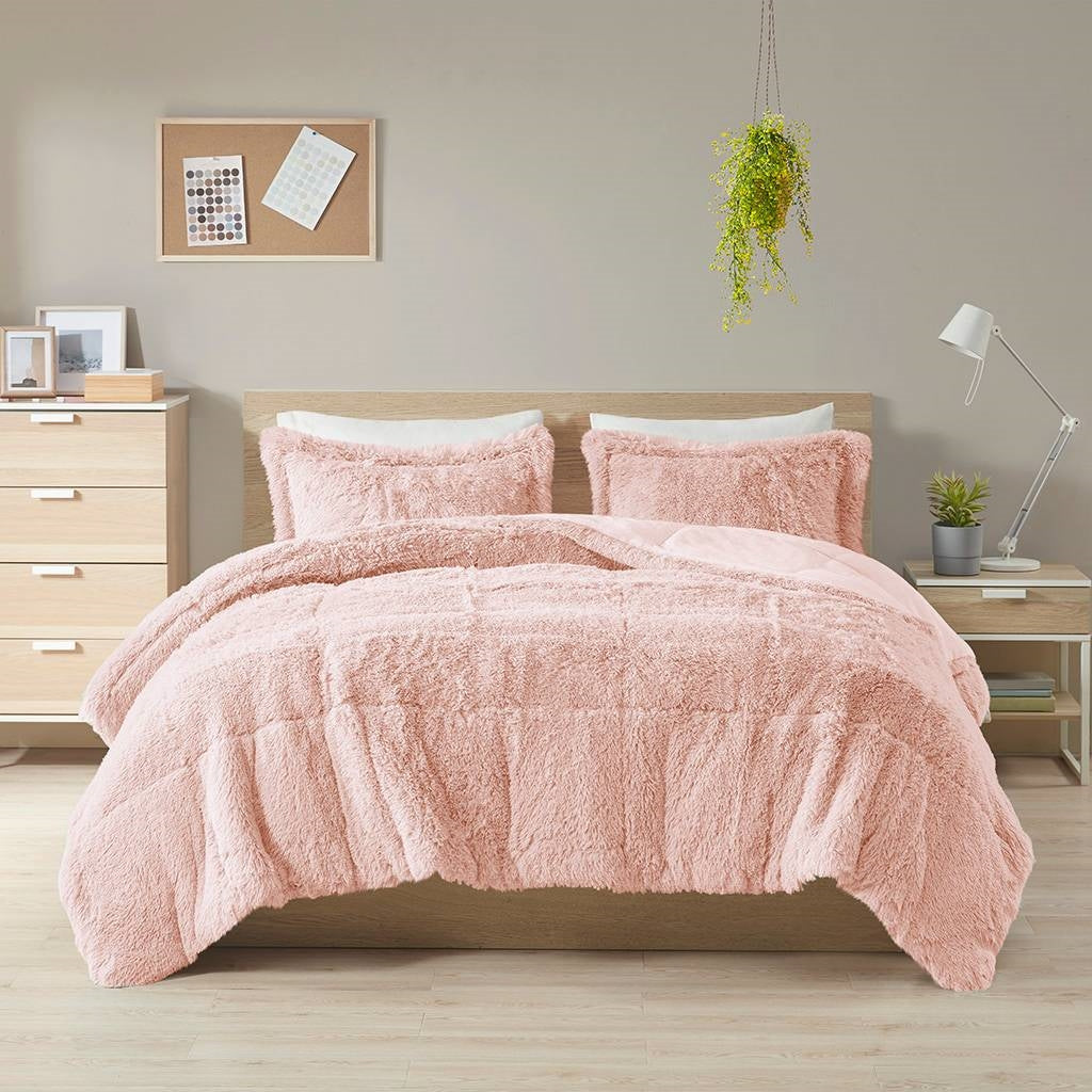 King CAL King Pink Blush Sherpa Faux Fur 3-Piece Comforter Set-0