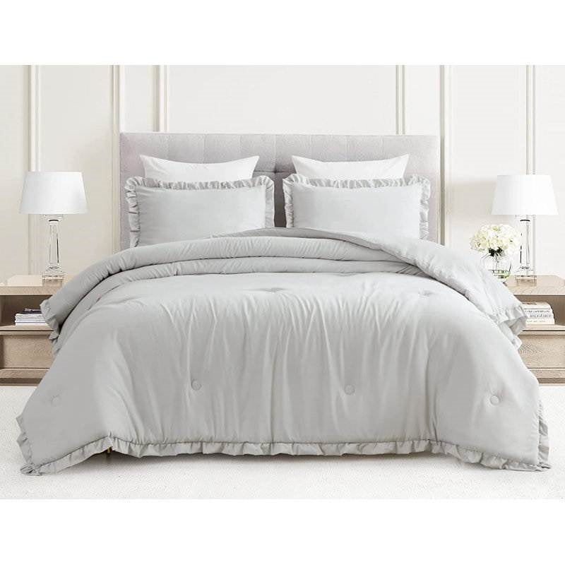 Queen Oversized Grey Microfiber Comforter Set Ruffled Edge Stone Washed-0