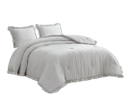 Queen Oversized Grey Microfiber Comforter Set Ruffled Edge Stone Washed-1