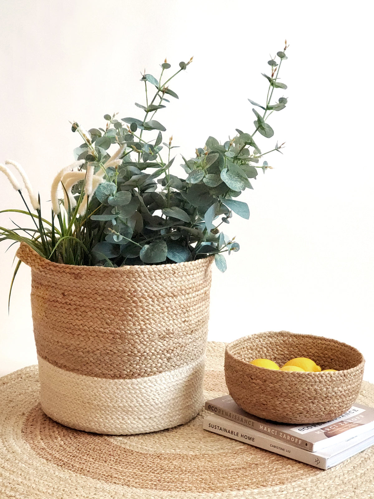 Kata Colorblock Braided Jute Basket Natural White Storage Organizer-3