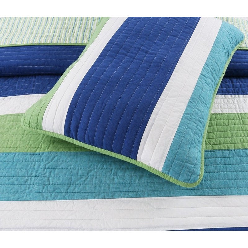 Twin Size 100% Cotton Navy Green Teal White Stripe Quilt Set-1