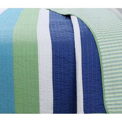 Twin Size 100% Cotton Navy Green Teal White Stripe Quilt Set-2