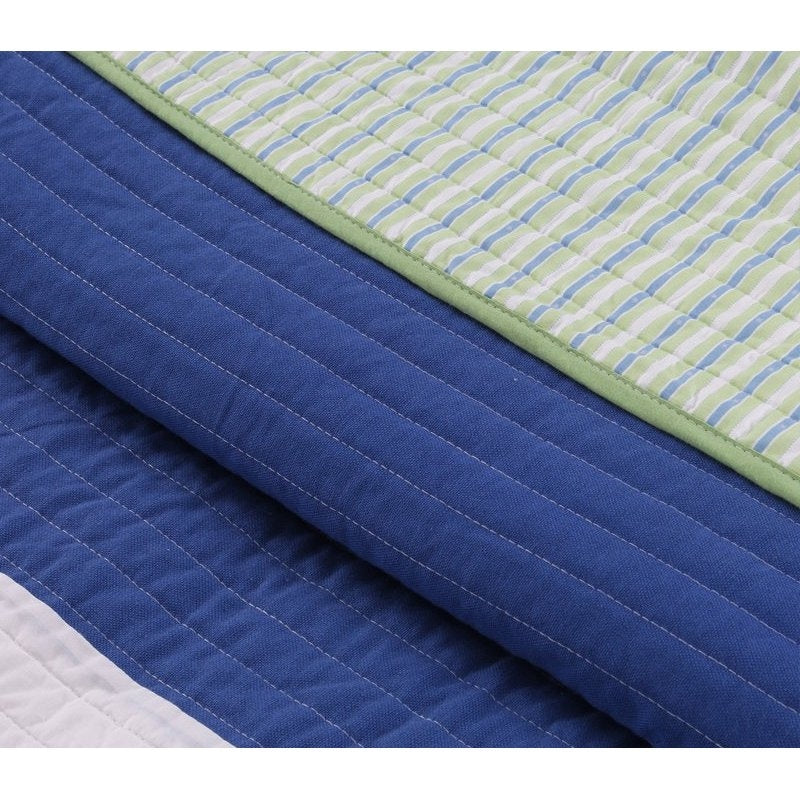 Twin Size 100% Cotton Navy Green Teal White Stripe Quilt Set-3