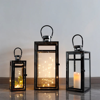 Set of 3 Black Stainless Steel Square Lanterns 12/15/19 Inch-2