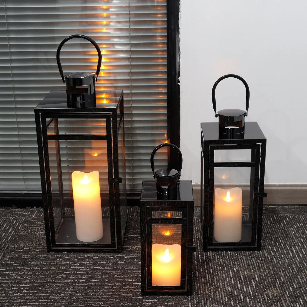 Set of 3 Black Stainless Steel Square Lanterns 12/15/19 Inch-3