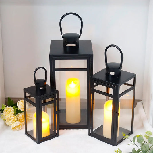 Set of 3 Black Stainless Steel Square Lanterns 12/15/19 Inch-0
