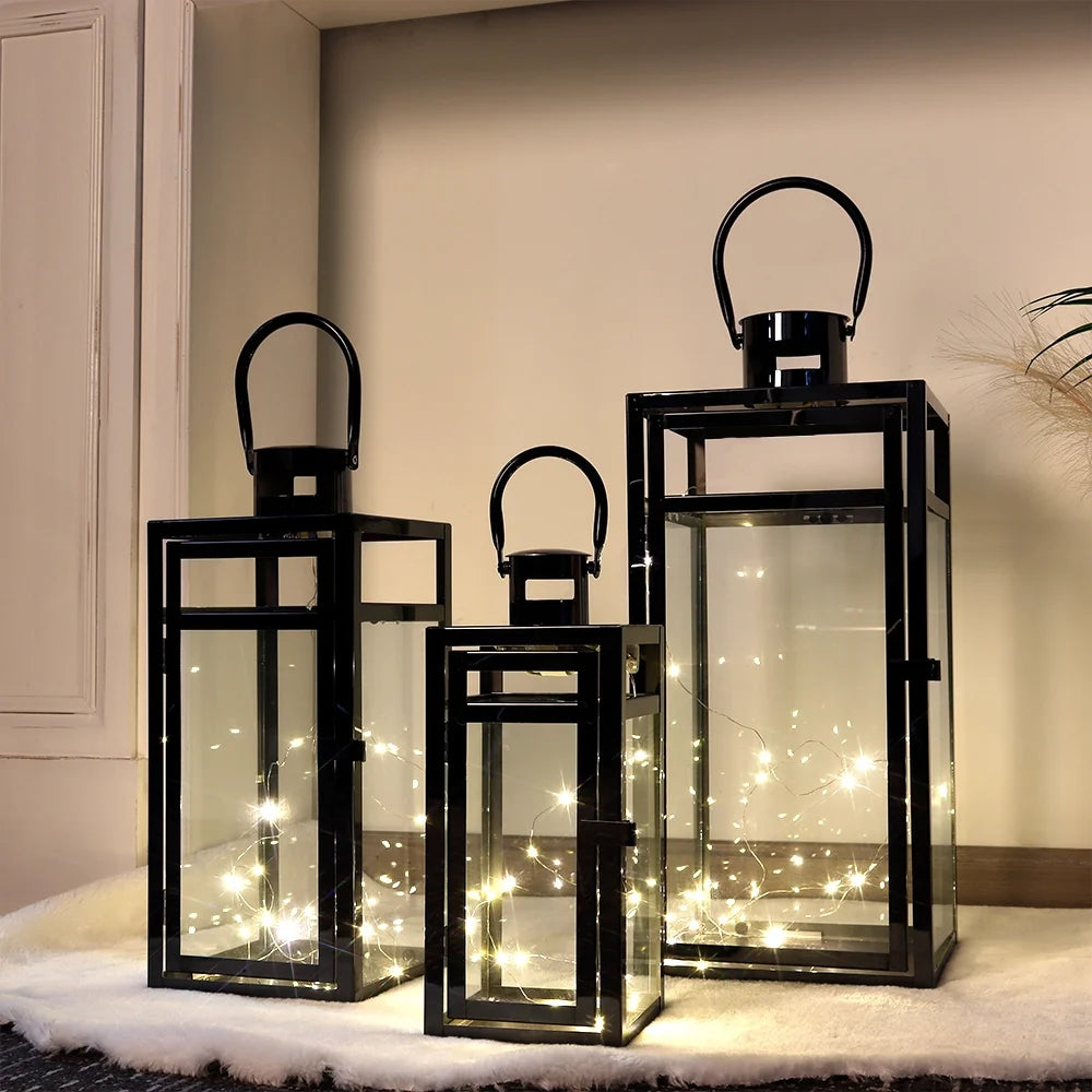 Set of 3 Black Stainless Steel Square Lanterns 12/15/19 Inch-1