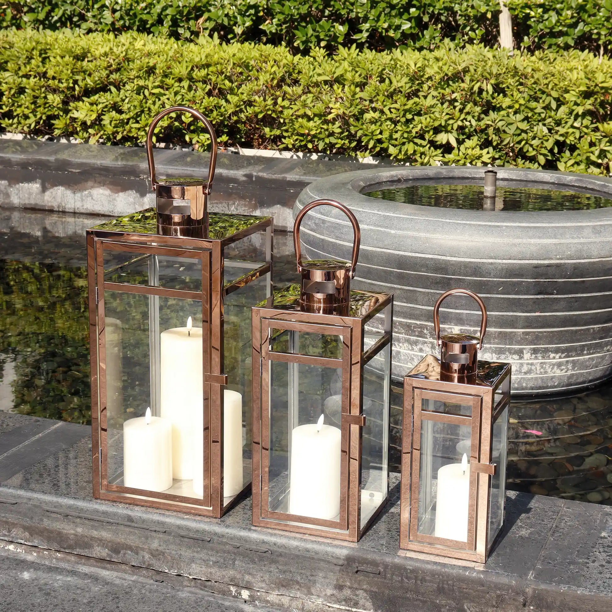 Set of 3 Rose Gold Stainless Steel Lanterns 12 15 19 Inch Square-4