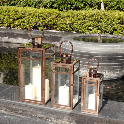 Set of 3 Rose Gold Stainless Steel Lanterns 12 15 19 Inch Square-4