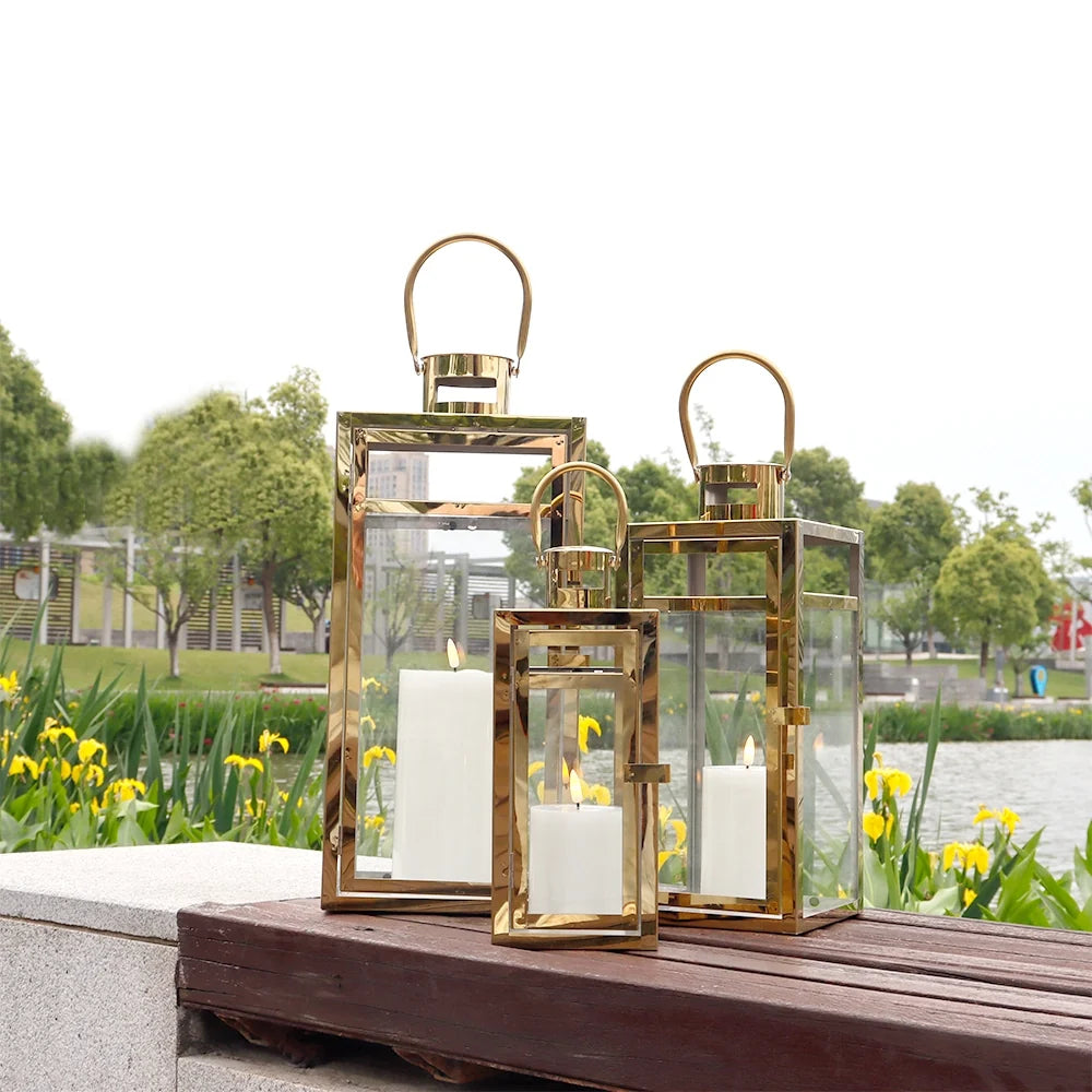 Set of 3 Gold Stainless Steel Square Lanterns 12 15 19 Inches-4
