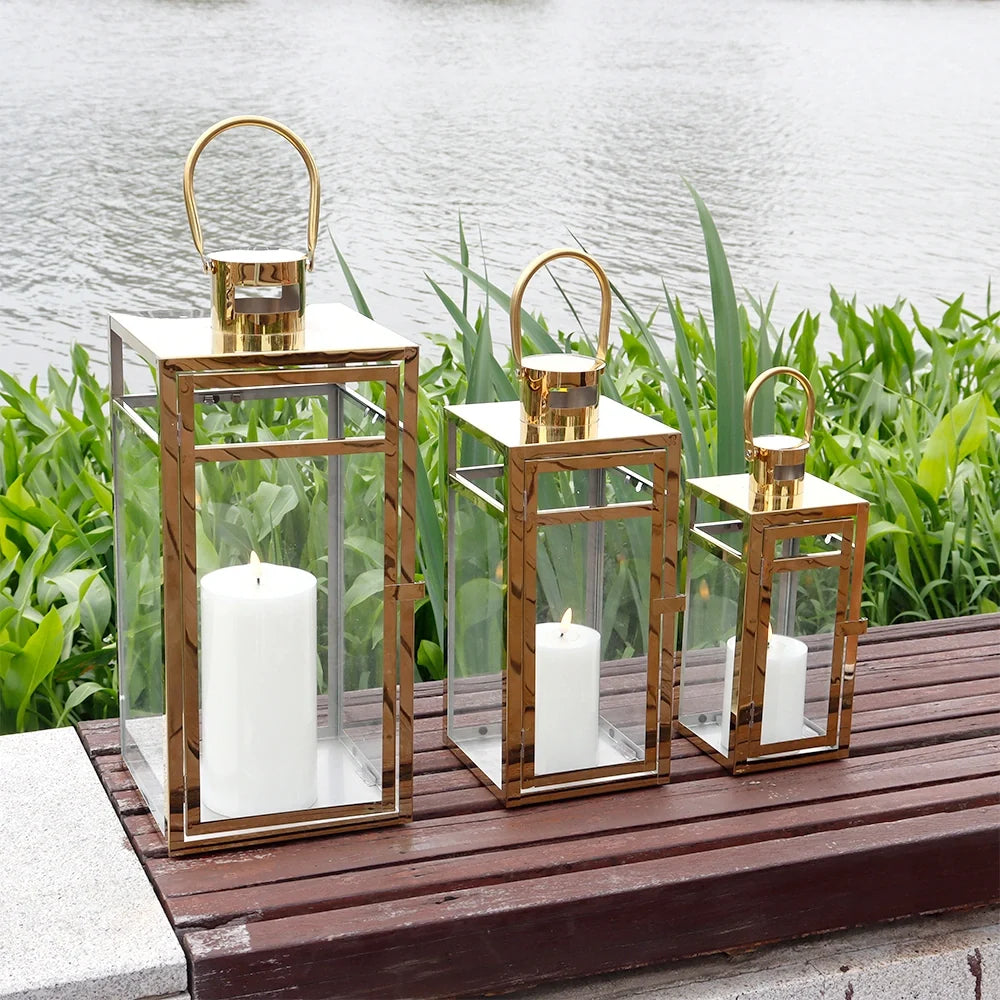 Set of 3 Gold Stainless Steel Square Lanterns 12 15 19 Inches-0