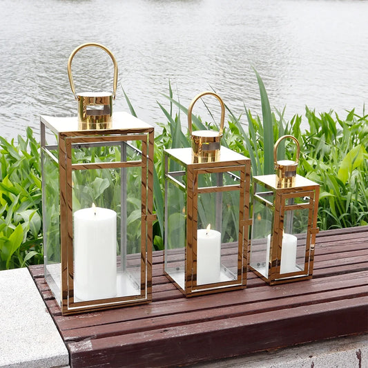 Set of 3 Gold Stainless Steel Square Lanterns 12 15 19 Inches-0