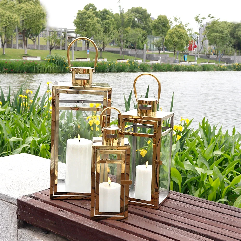 Set of 3 Gold Stainless Steel Square Lanterns 12 15 19 Inches-1