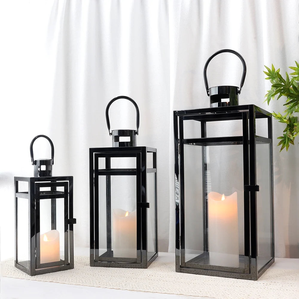 Set of 3 Black Stainless Steel Square Lanterns 12/15/19 Inch-4