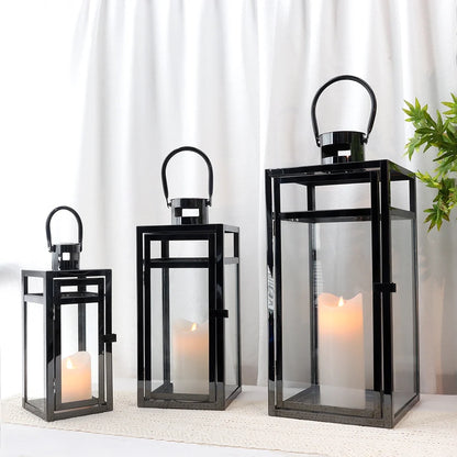 Set of 3 Black Stainless Steel Square Lanterns 12/15/19 Inch-4