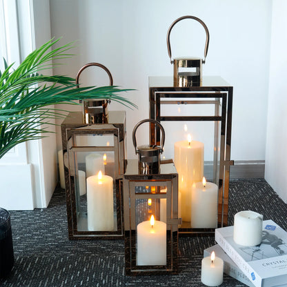 Set of 3 Rose Gold Stainless Steel Lanterns 12 15 19 Inch Square-2